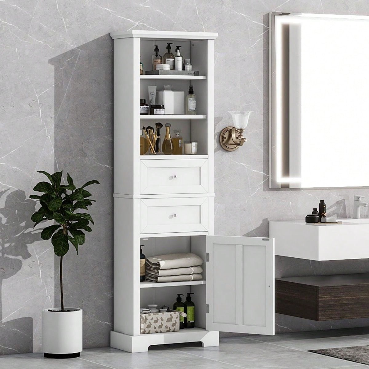 Tall Bathroom Storage Cabinet,Freestanding Storage Adjustable Shelf, MDF Board