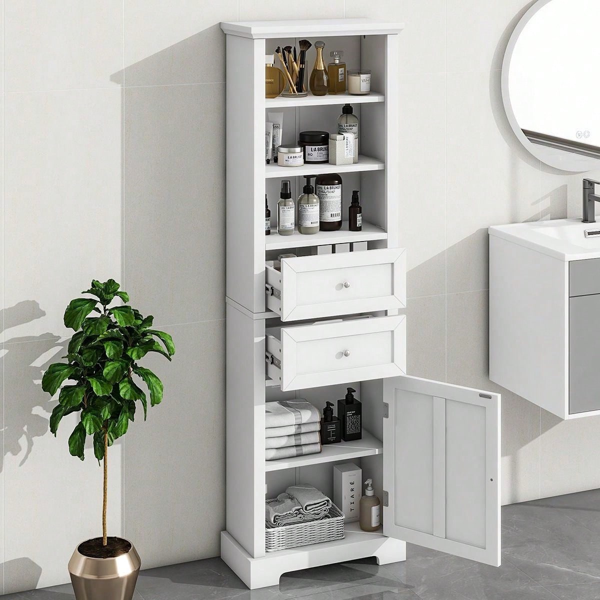 Tall Bathroom Storage Cabinet,Freestanding Storage Adjustable Shelf, MDF Board