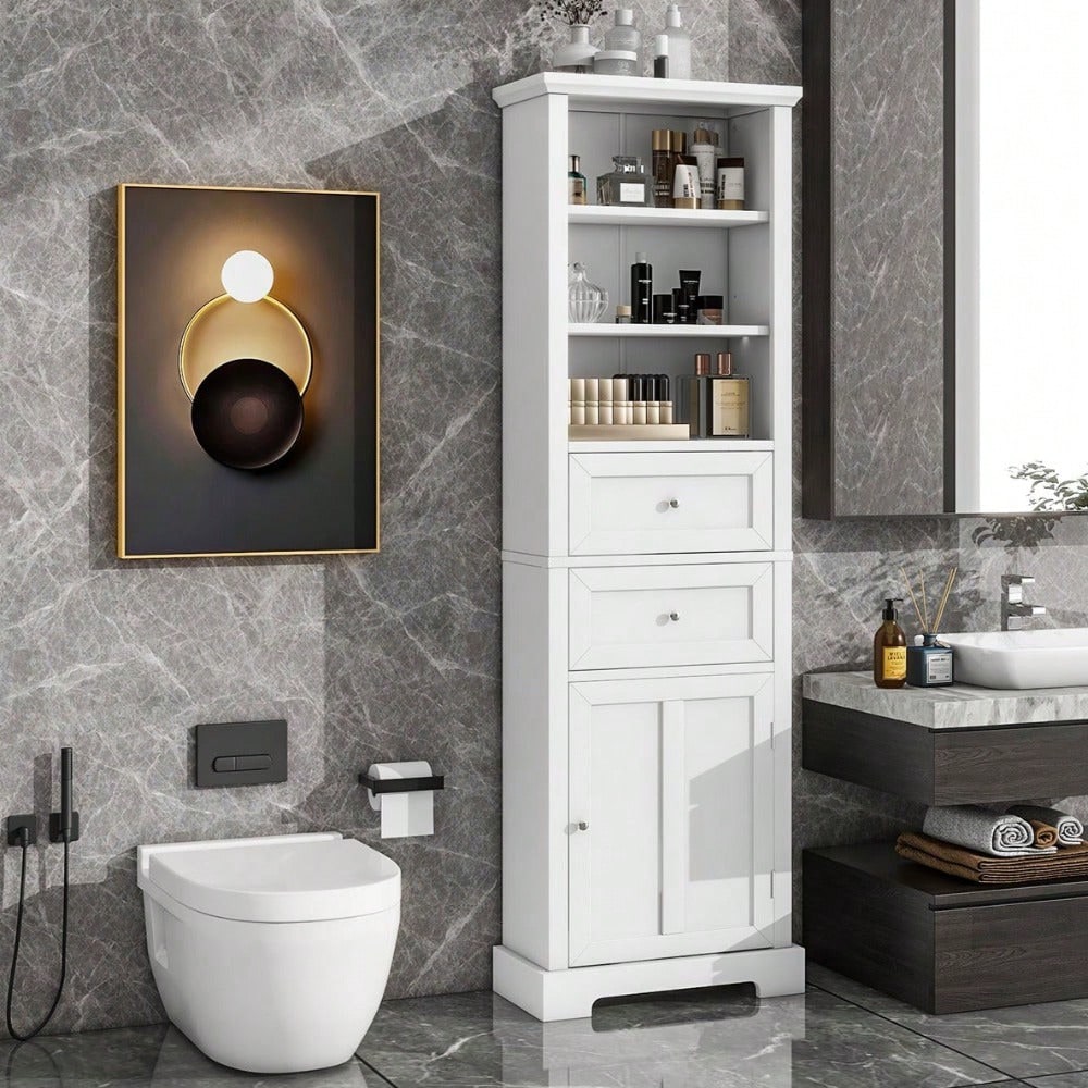 Tall Bathroom Storage Cabinet,Freestanding Storage Adjustable Shelf, MDF Board