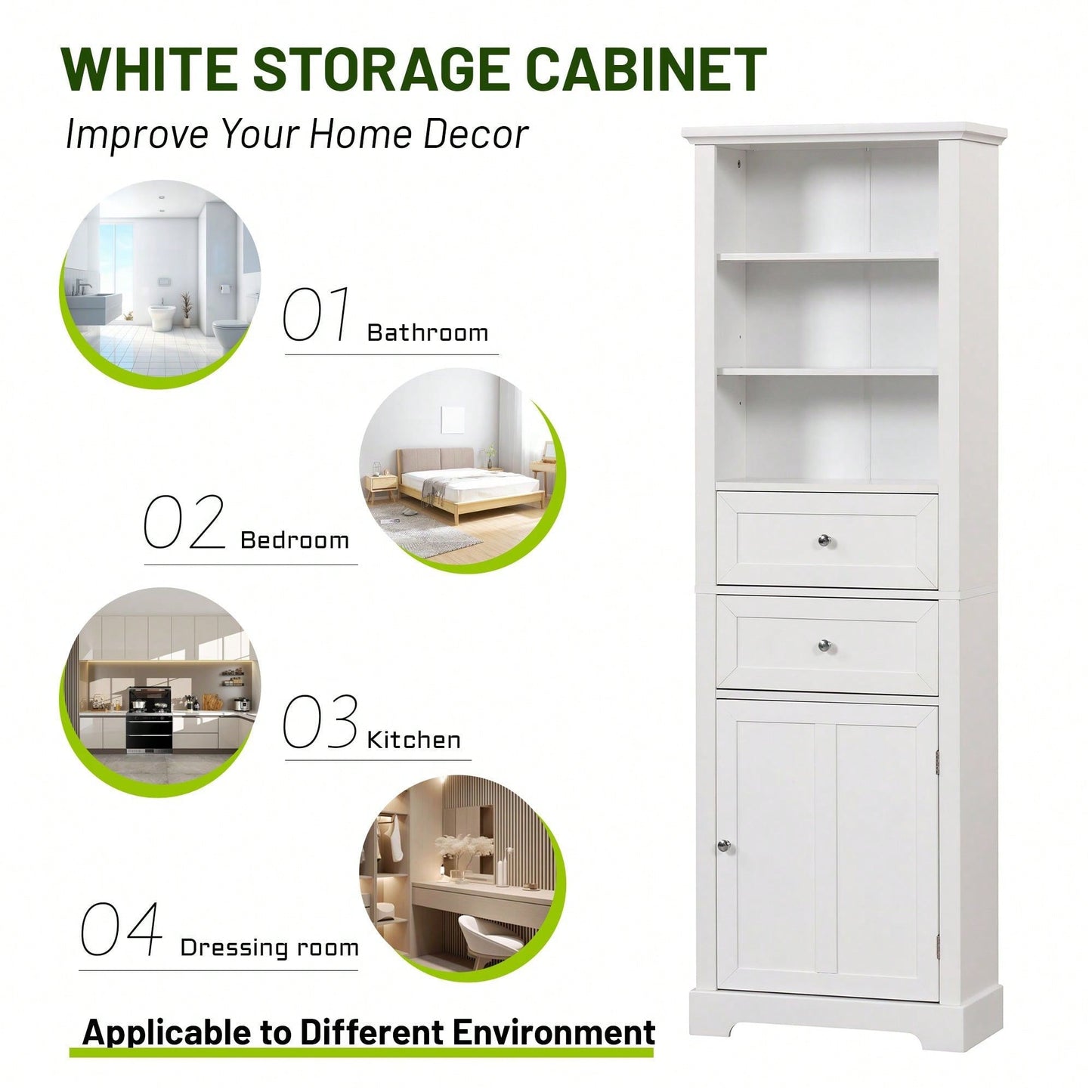 Tall Bathroom Storage Cabinet,Freestanding Storage Adjustable Shelf, MDF Board