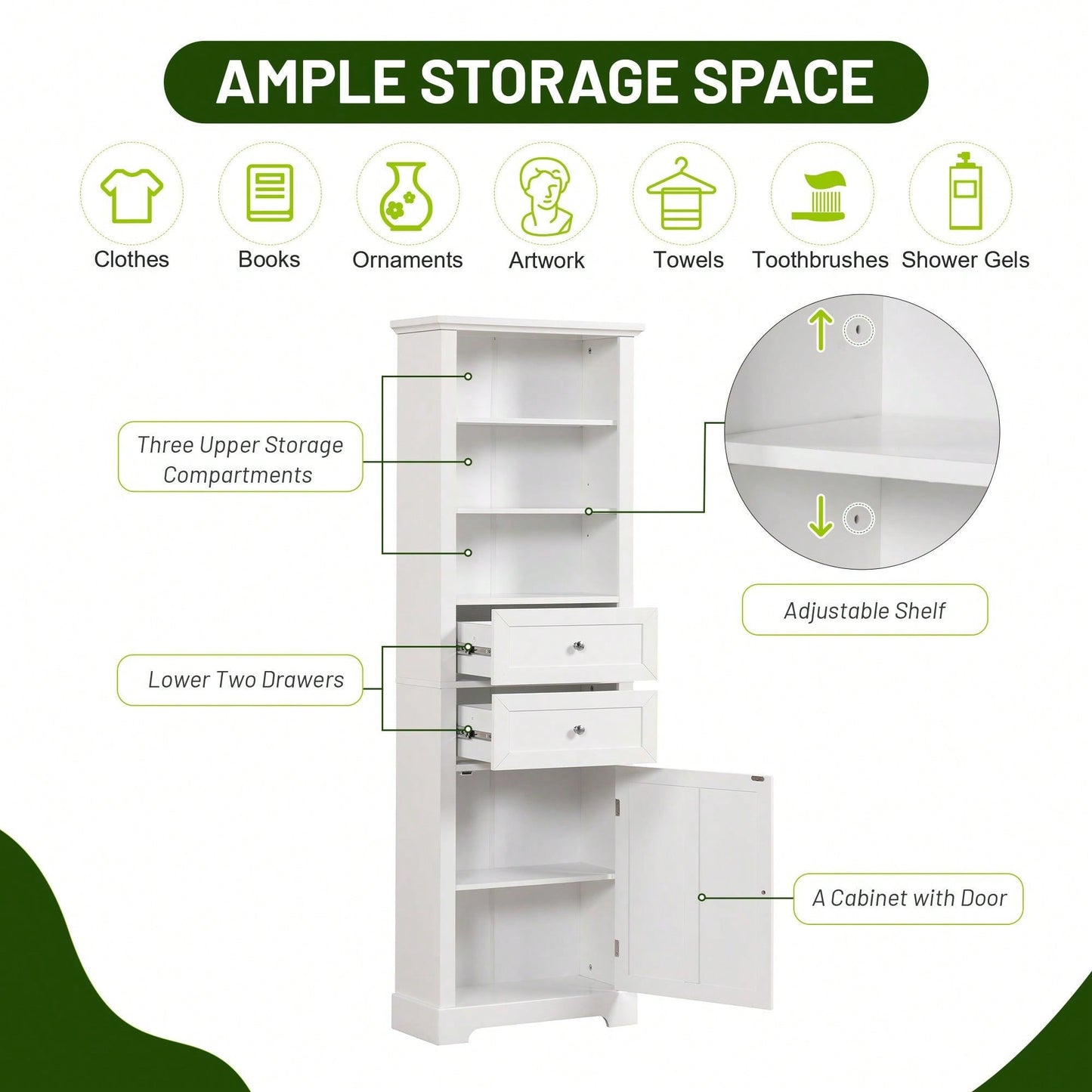 Tall Bathroom Storage Cabinet,Freestanding Storage Adjustable Shelf, MDF Board