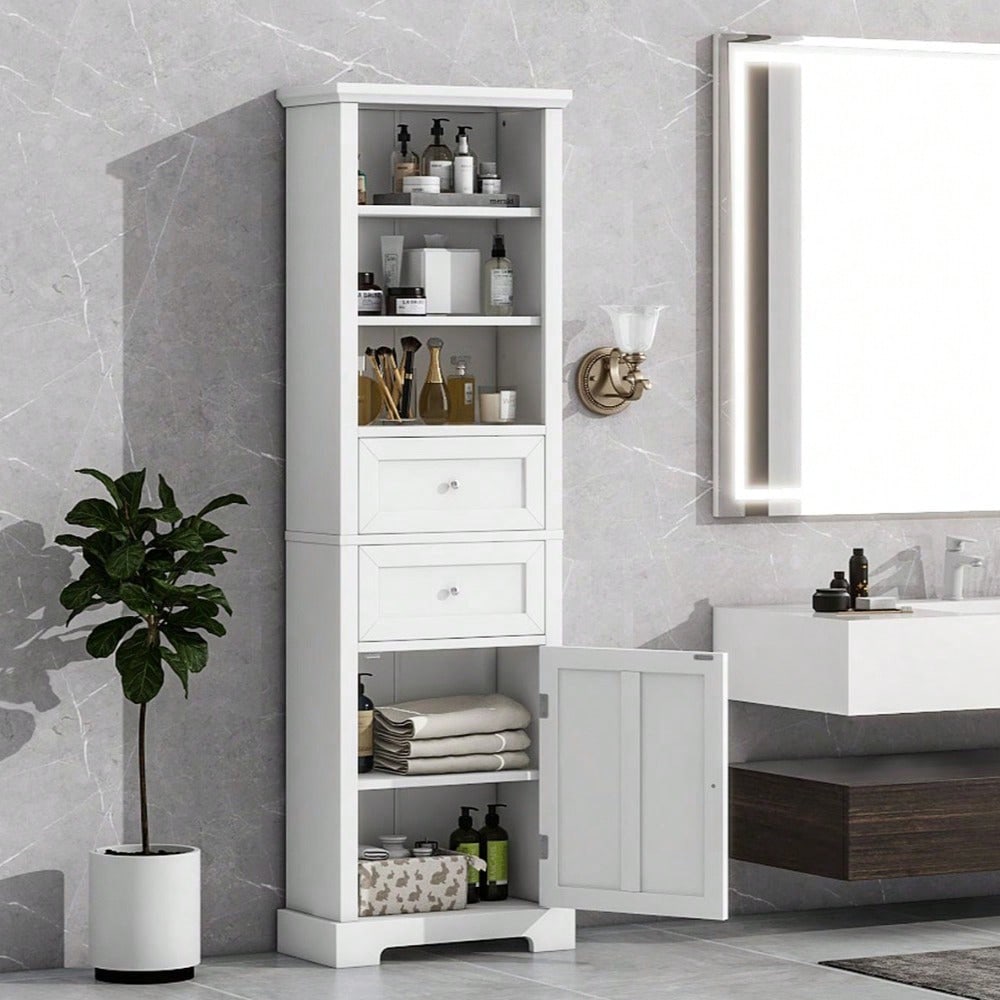 Tall Bathroom Storage Cabinet,Freestanding Storage Adjustable Shelf, MDF Board