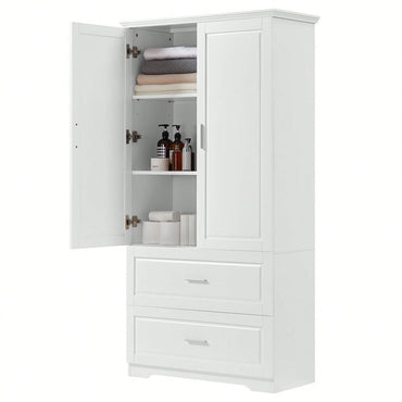 Tall Bathroom Storage Cabinet, Cabinet With Two Doors And Drawers, Adjustable Shelf, MDF Board, White