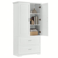 Tall Bathroom Storage Cabinet, Cabinet With Two Doors And Drawers, Adjustable Shelf, MDF Board, White