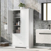 Tall Bathroom Storage Cabinet, Cabinet With Two Doors And Drawers, Adjustable Shelf, MDF Board, White