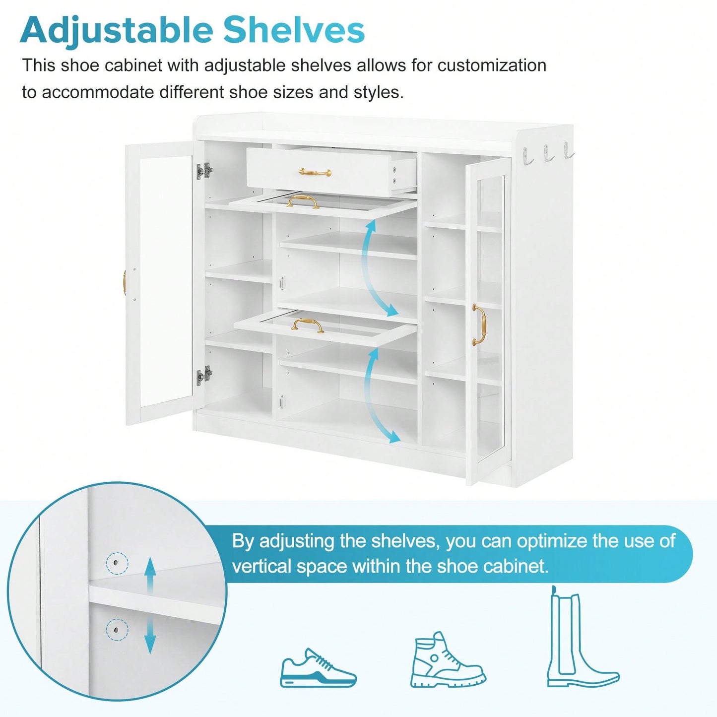 Modernist Freestanding Shoe Rack with 4 Glass Doors Adjustable Shelves and Gold Handles for Hallway and Living Room