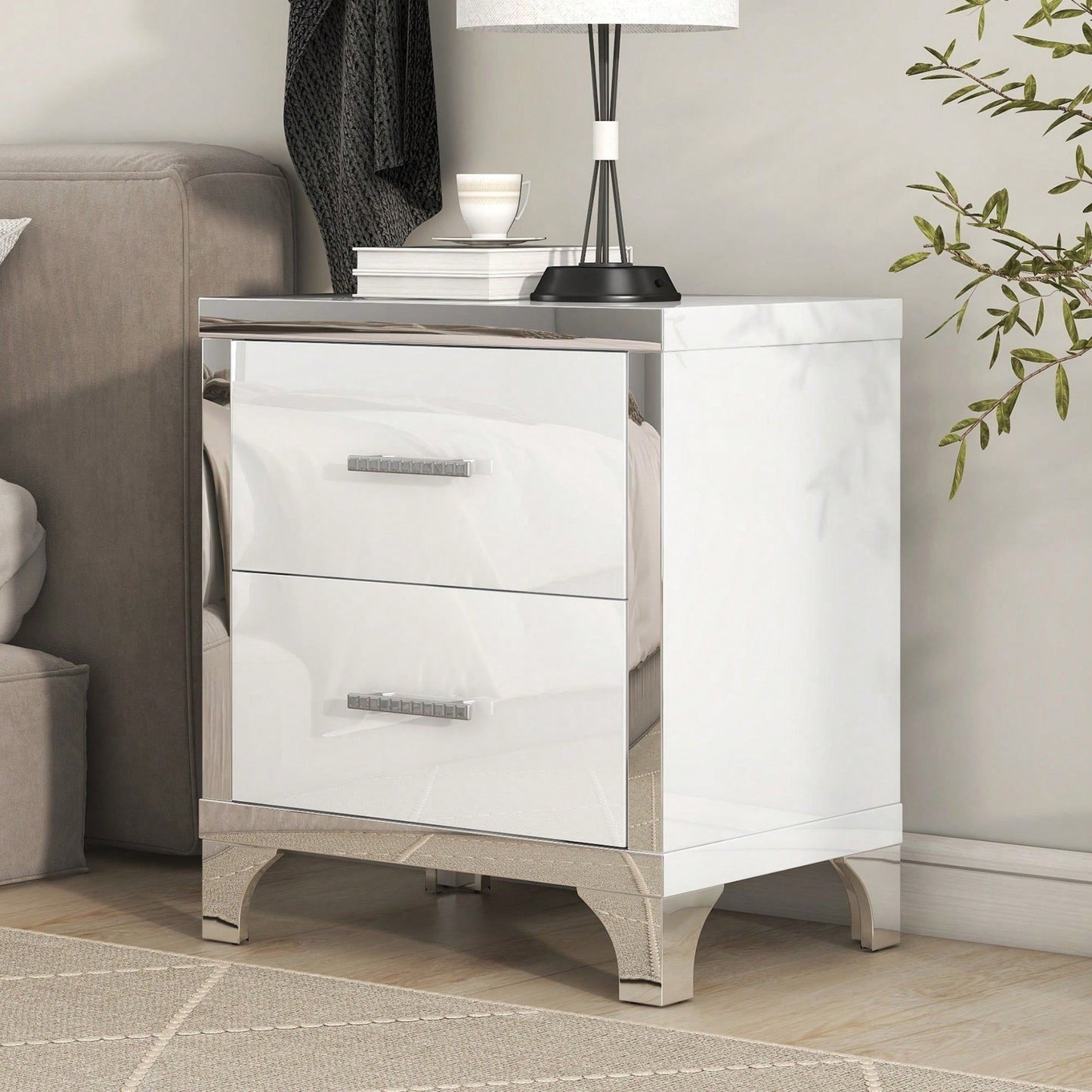 High Gloss Nightstand With Metal Handle,Mirrored Bedside Table With 2 Drawers For Bedroom,Living Room