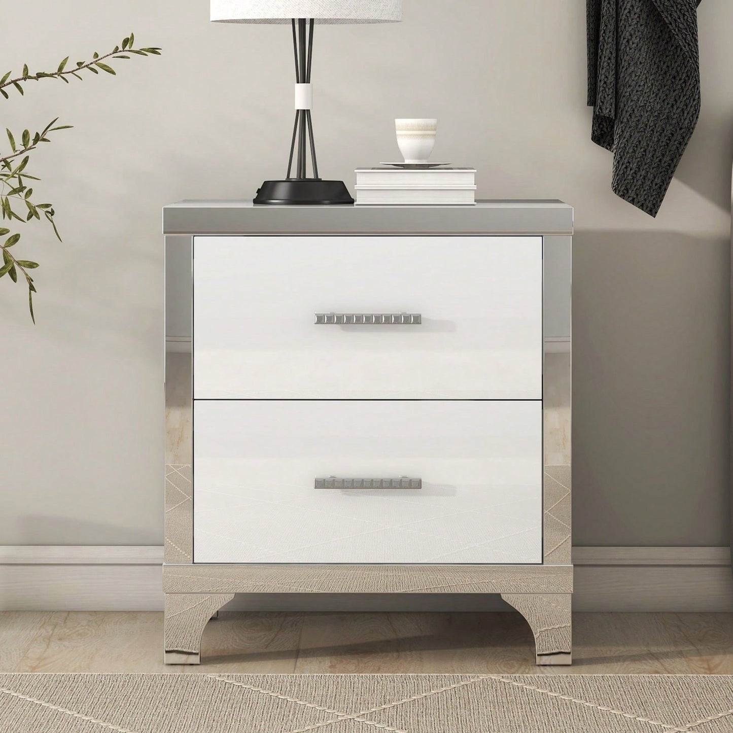 High Gloss Nightstand With Metal Handle,Mirrored Bedside Table With 2 Drawers For Bedroom,Living Room