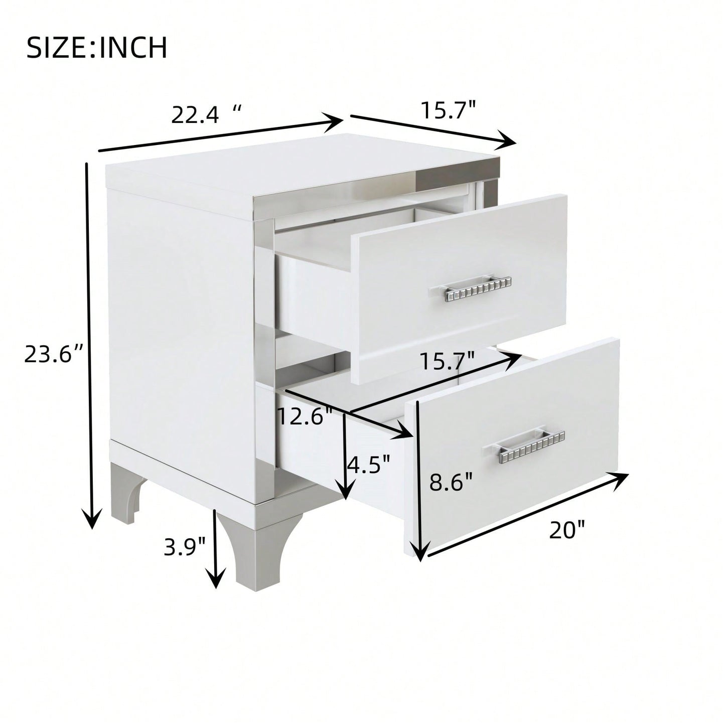 High Gloss Nightstand With Metal Handle,Mirrored Bedside Table With 2 Drawers For Bedroom,Living Room