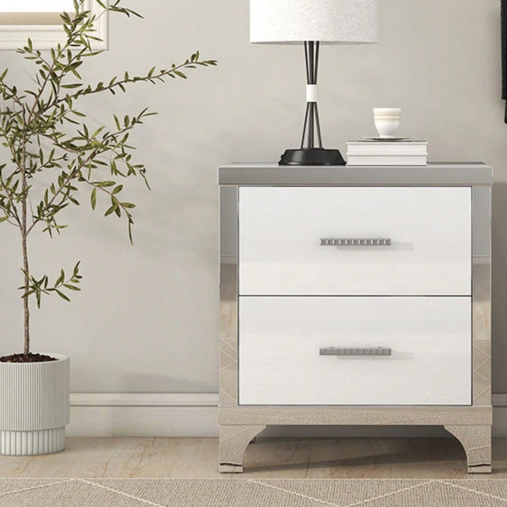 High Gloss Nightstand With Metal Handle,Mirrored Bedside Table With 2 Drawers For Bedroom,Living Room