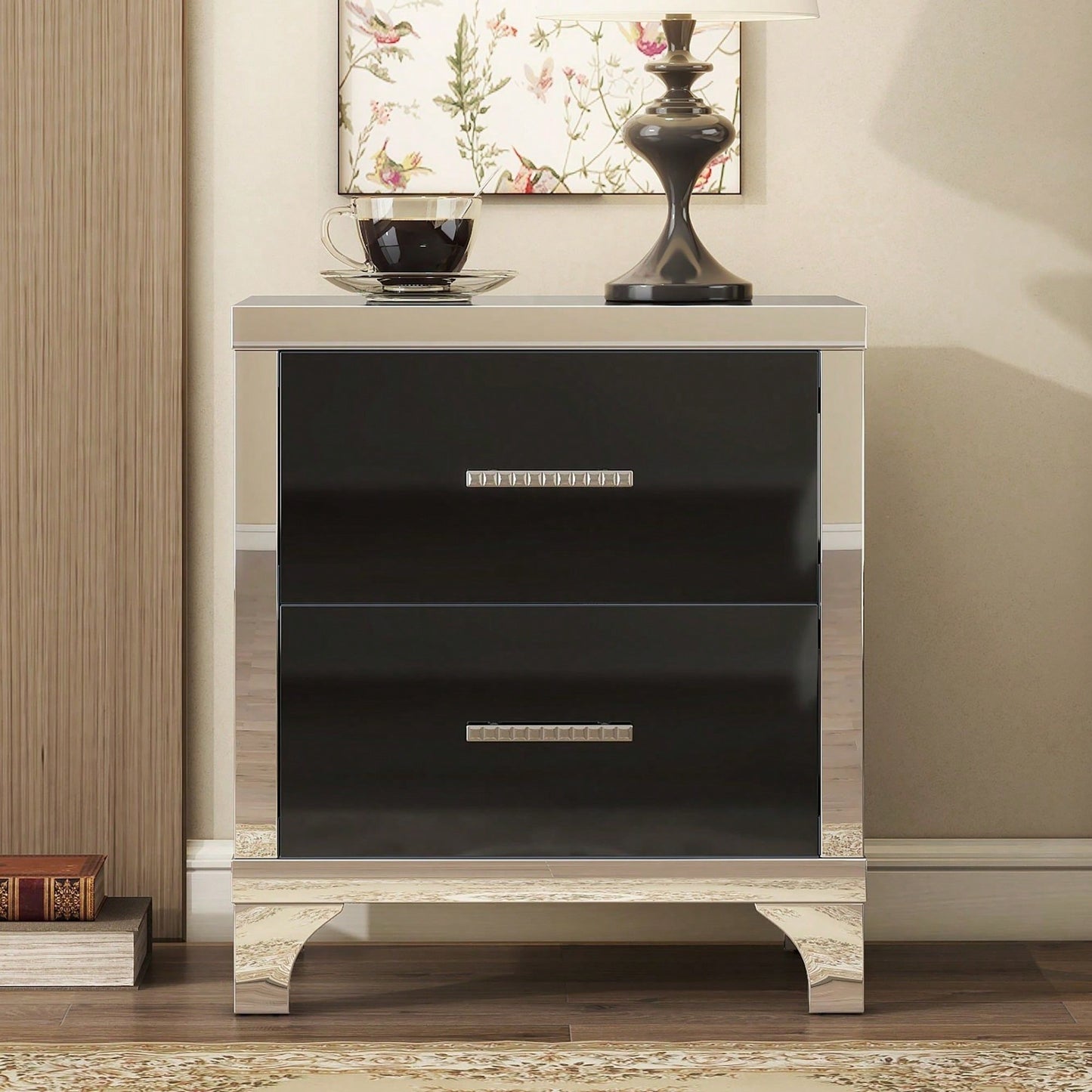 High Gloss Nightstand With Metal Handle,Mirrored Bedside Table With 2 Drawers For Bedroom,Living Room