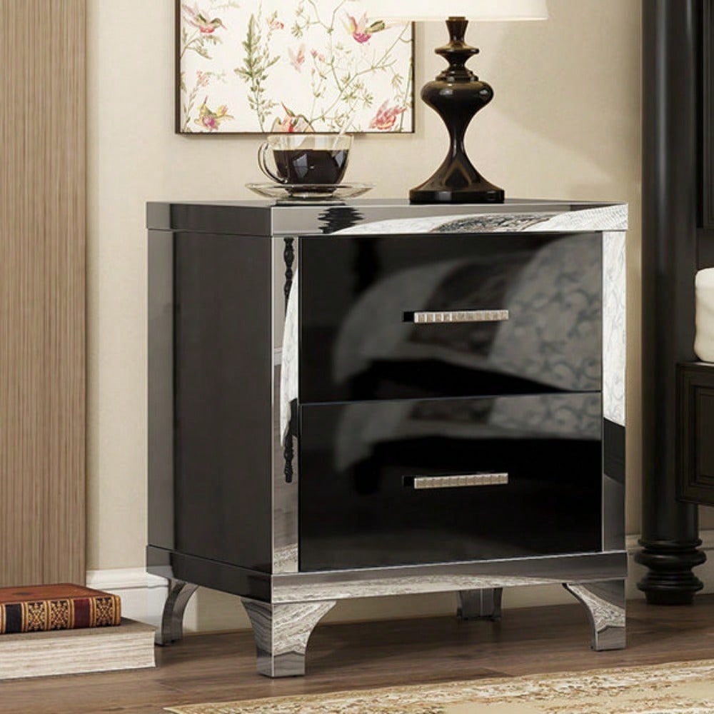 High Gloss Nightstand With Metal Handle,Mirrored Bedside Table With 2 Drawers For Bedroom,Living Room