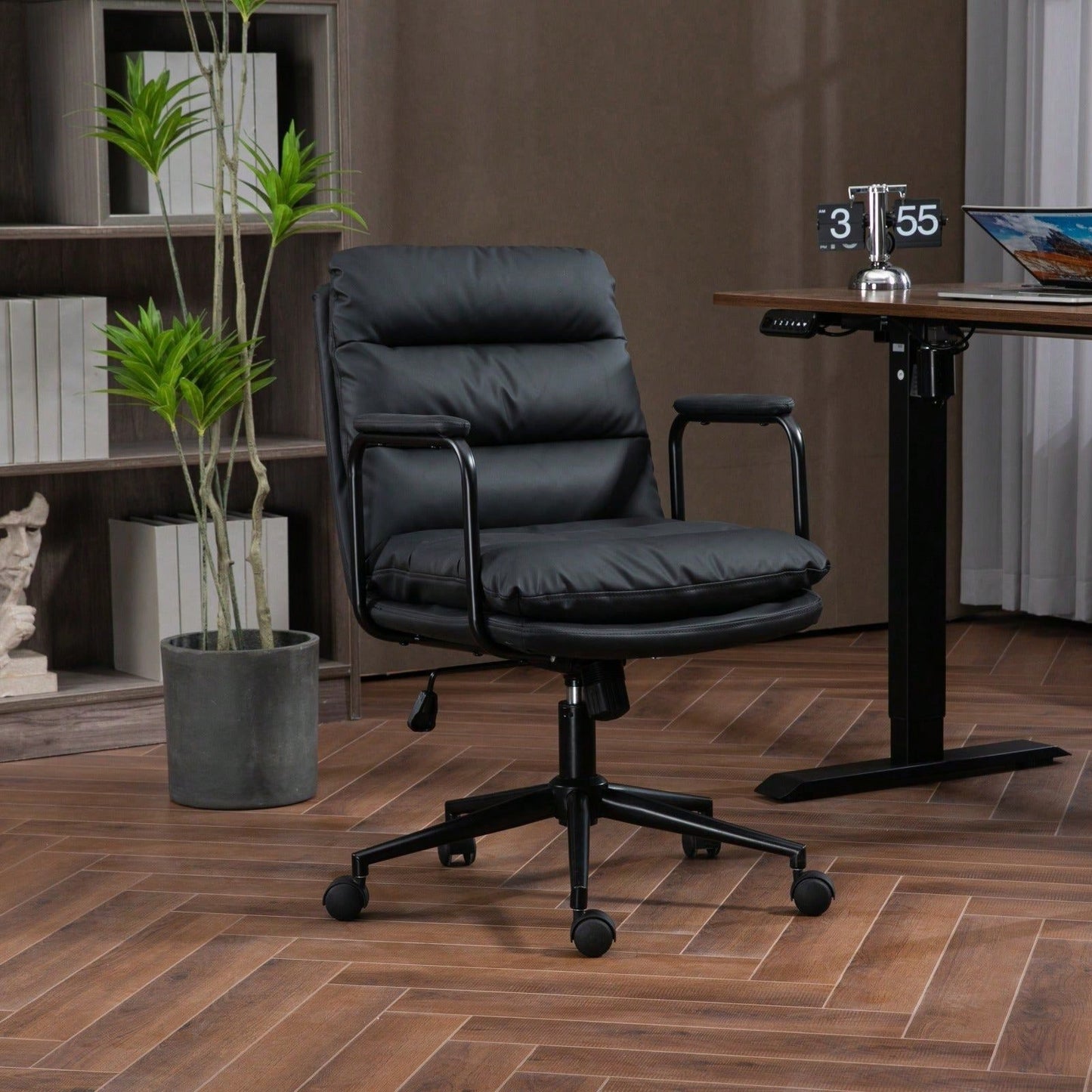 Ergonomic PU Leather Mid Back Rolling Task Chair with Arms and 40° Recline for Home Office