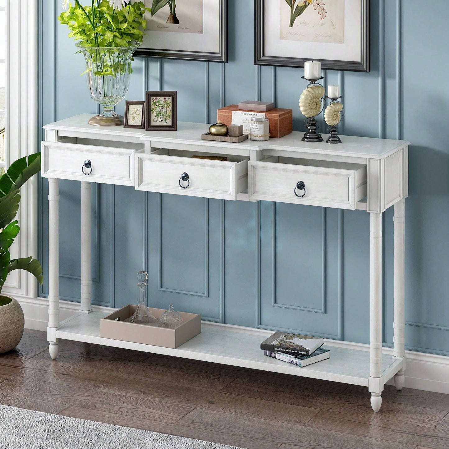 Console Table Sofa Table With Drawers For Entryway With Projecting Drawers And Long Shelf