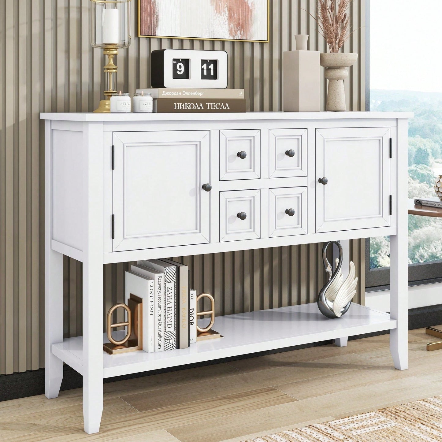 Ample Storage Vintage Console Table With Four Small Drawers And Bottom Shelf For Living Rooms, Entrances And Kitchens