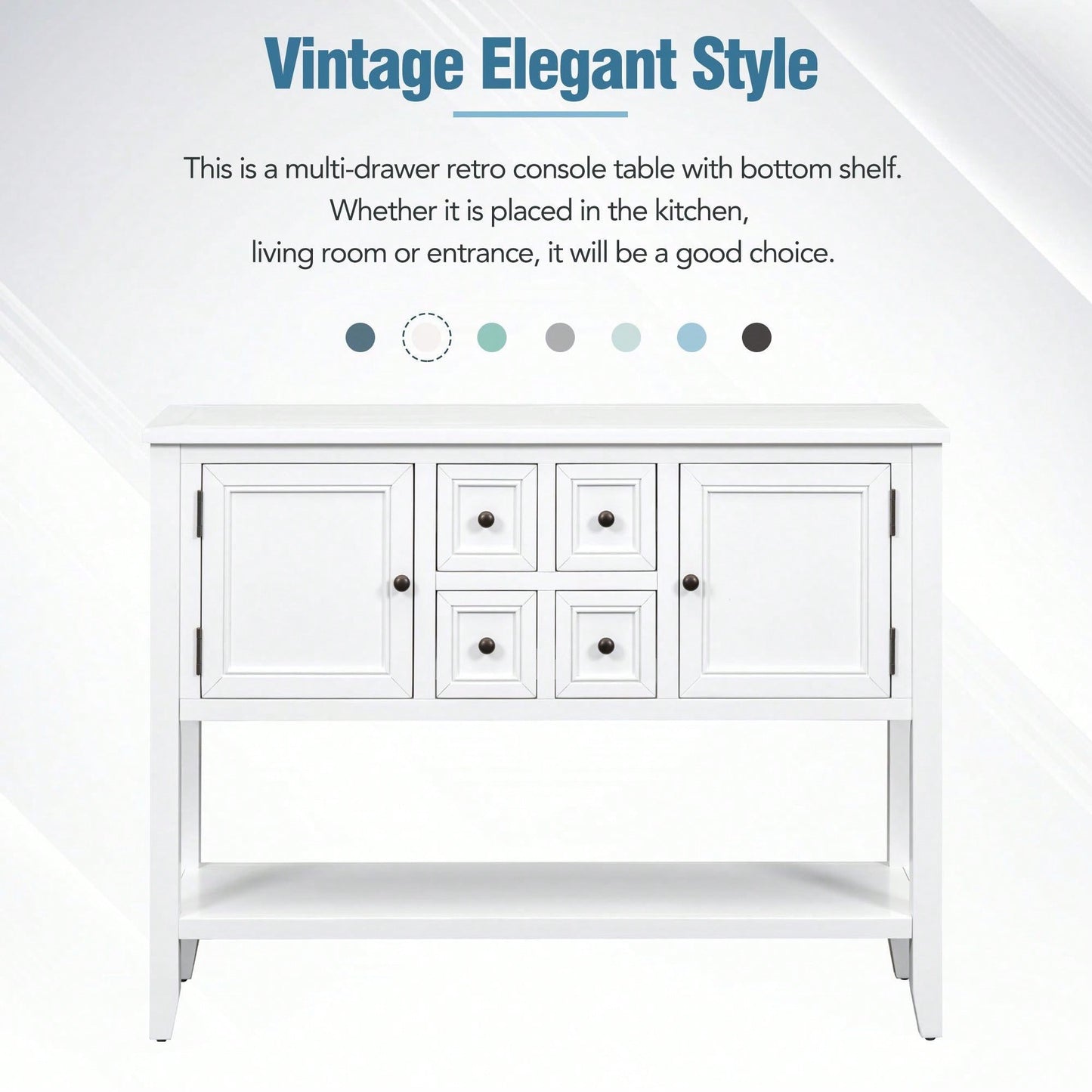 Ample Storage Vintage Console Table With Four Small Drawers And Bottom Shelf For Living Rooms, Entrances And Kitchens