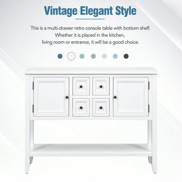 Ample Storage Vintage Console Table With Four Small Drawers And Bottom Shelf For Living Rooms, Entrances And Kitchens