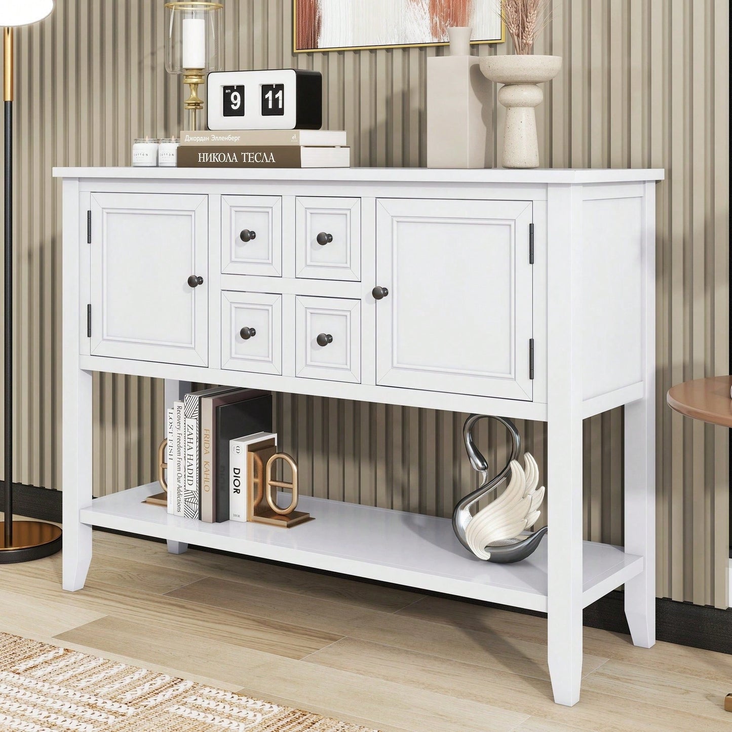 Ample Storage Vintage Console Table With Four Small Drawers And Bottom Shelf For Living Rooms, Entrances And Kitchens
