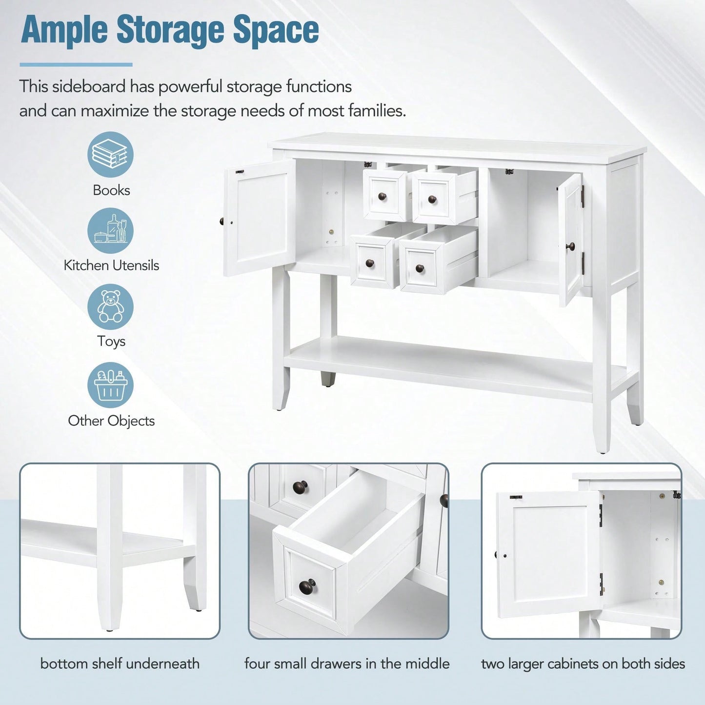 Ample Storage Vintage Console Table With Four Small Drawers And Bottom Shelf For Living Rooms, Entrances And Kitchens
