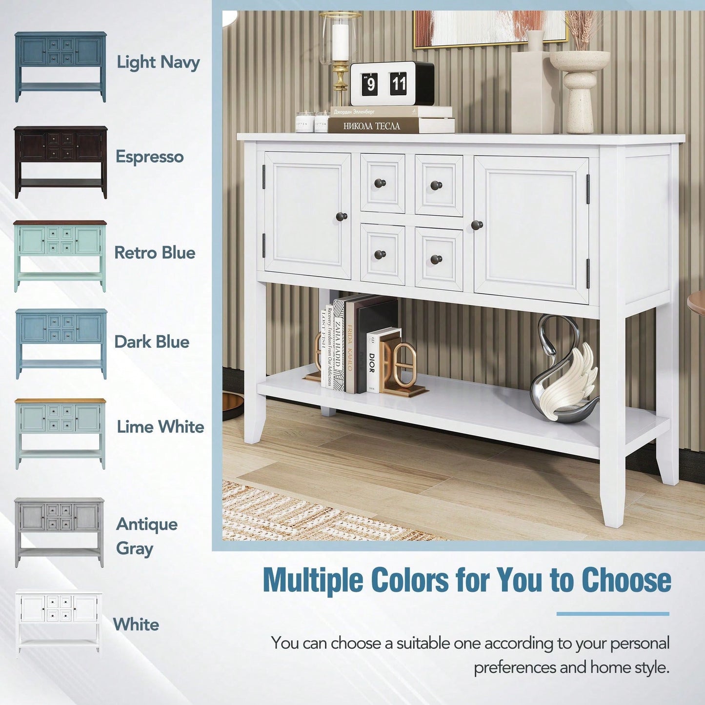 Ample Storage Vintage Console Table With Four Small Drawers And Bottom Shelf For Living Rooms, Entrances And Kitchens
