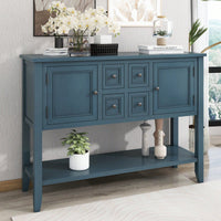 Ample Storage Vintage Console Table With Four Small Drawers And Bottom Shelf For Living Rooms, Entrances And Kitchens