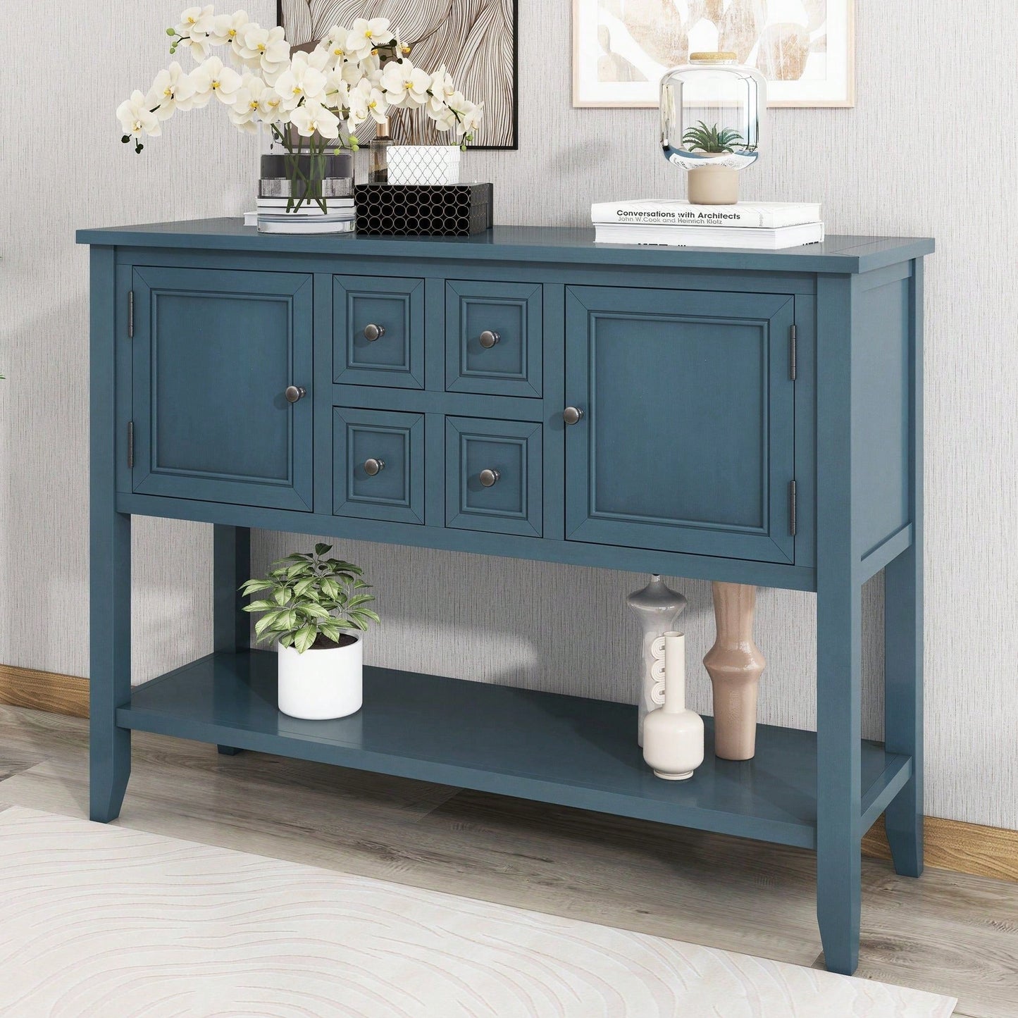 Ample Storage Vintage Console Table With Four Small Drawers And Bottom Shelf For Living Rooms, Entrances And Kitchens