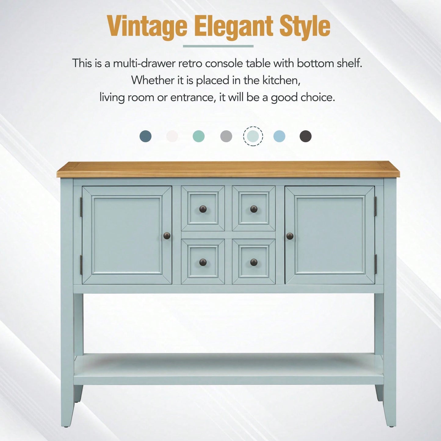 Ample Storage Vintage Console Table With Four Small Drawers And Bottom Shelf For Living Rooms, Entrances And Kitchens