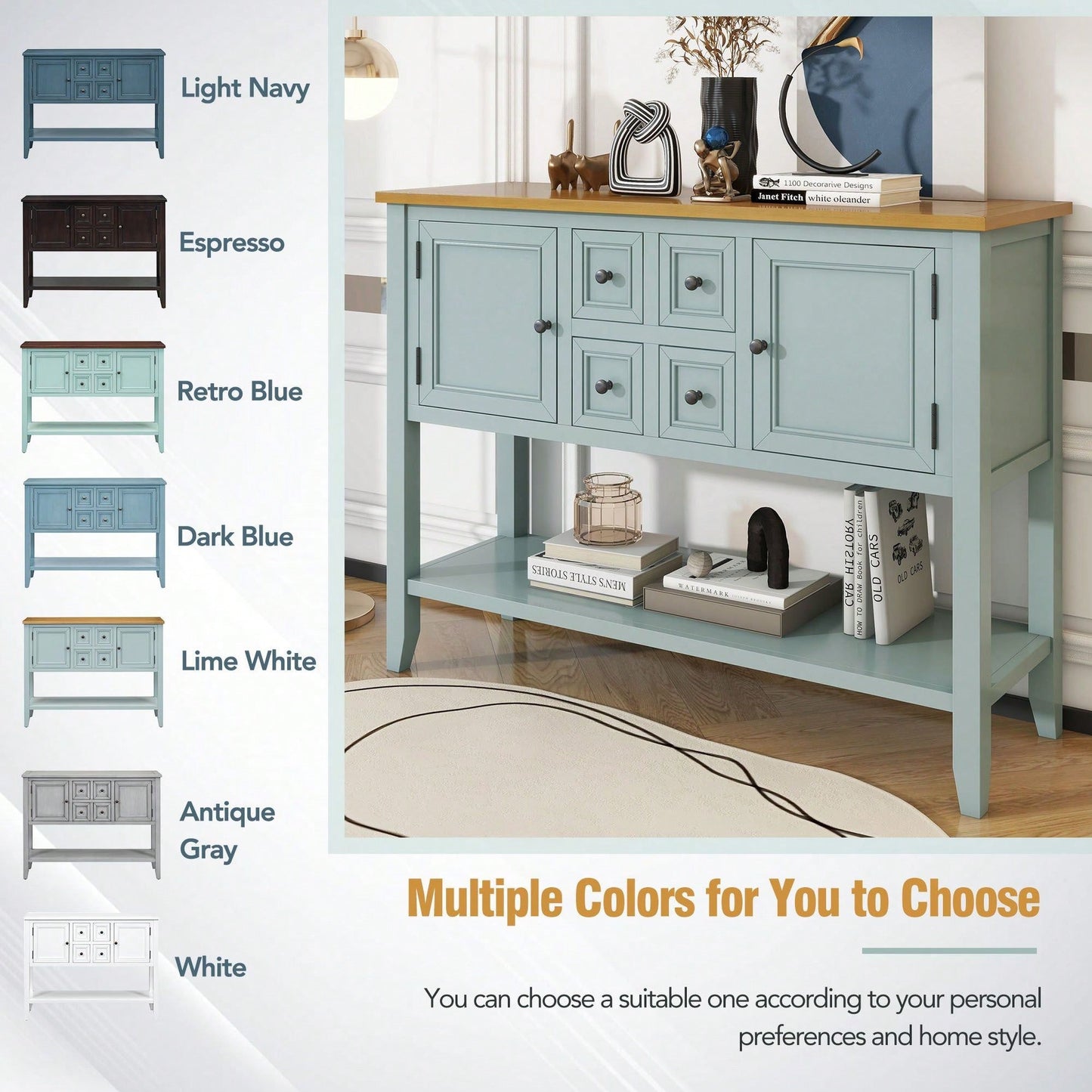 Ample Storage Vintage Console Table With Four Small Drawers And Bottom Shelf For Living Rooms, Entrances And Kitchens