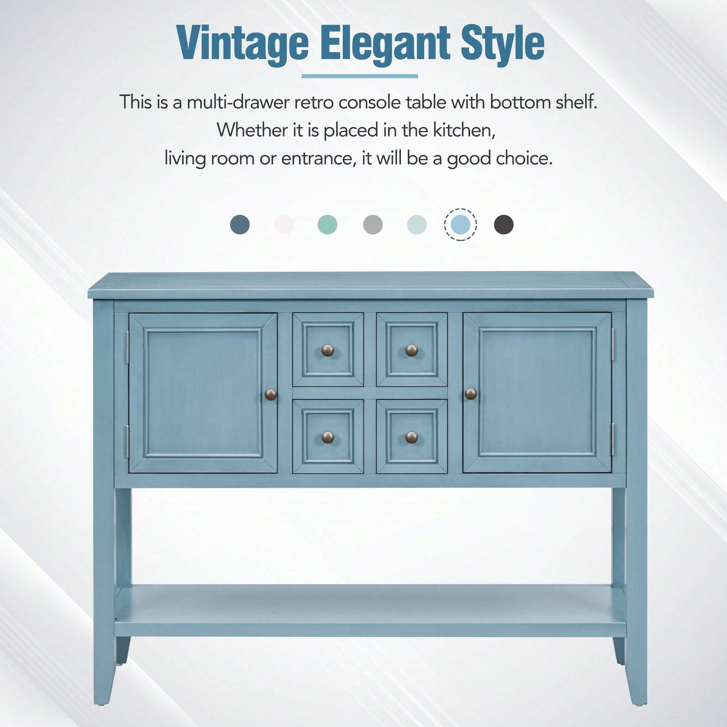 Ample Storage Vintage Console Table With Four Small Drawers And Bottom Shelf For Living Rooms, Entrances And Kitchens