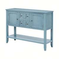 Ample Storage Vintage Console Table With Four Small Drawers And Bottom Shelf For Living Rooms, Entrances And Kitchens