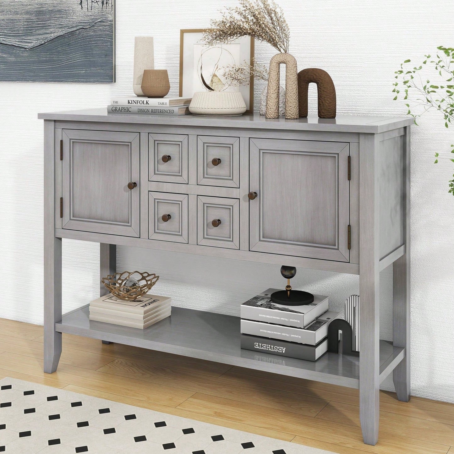 Ample Storage Vintage Console Table With Four Small Drawers And Bottom Shelf For Living Rooms, Entrances And Kitchens