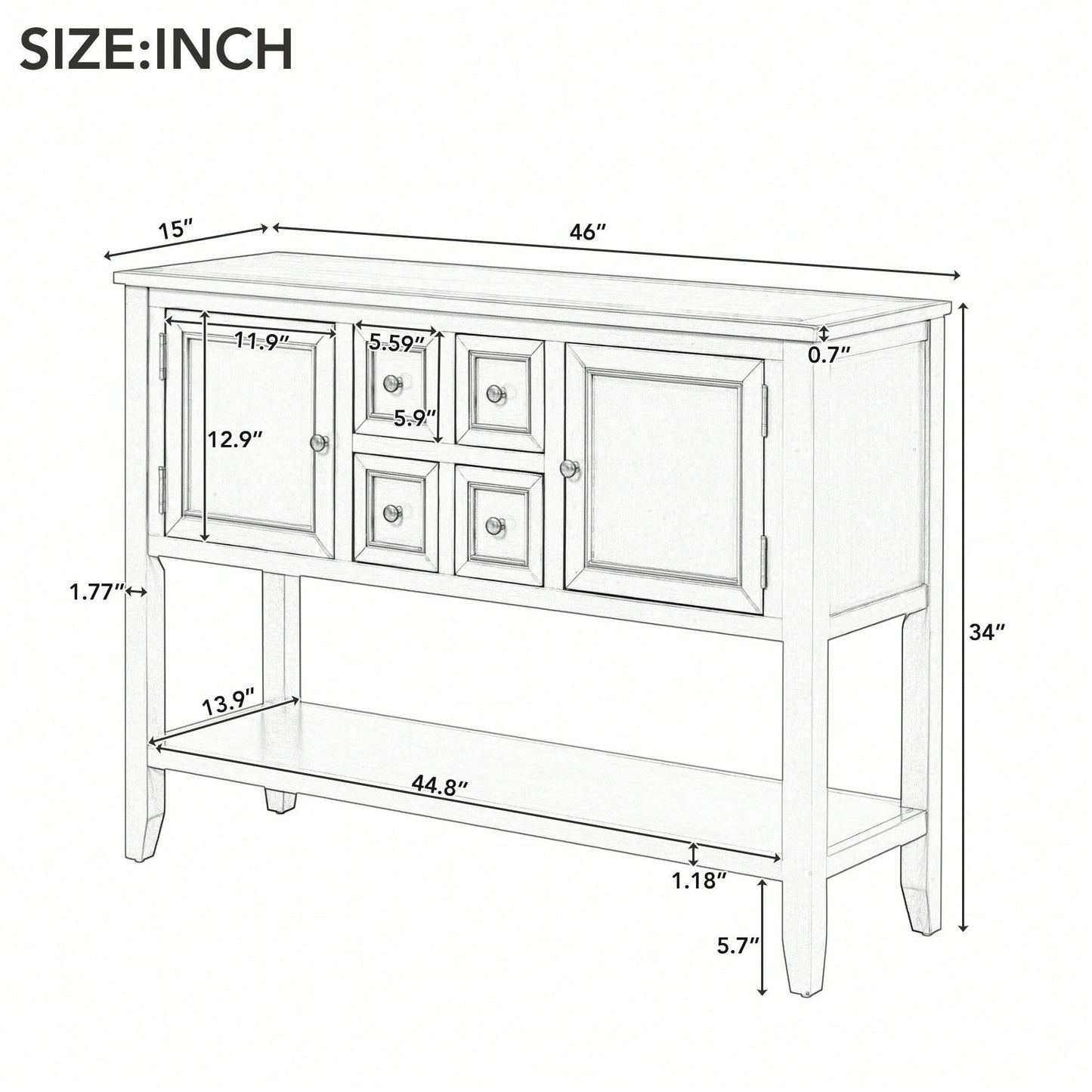 Ample Storage Vintage Console Table With Four Small Drawers And Bottom Shelf For Living Rooms, Entrances And Kitchens