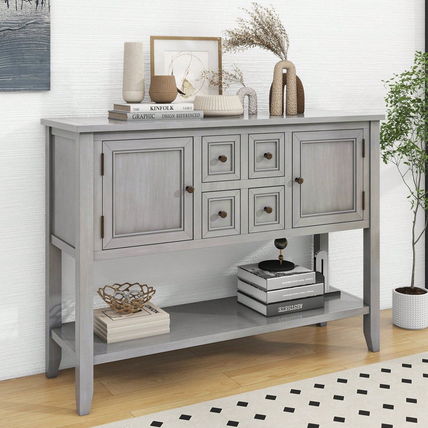 Ample Storage Vintage Console Table With Four Small Drawers And Bottom Shelf For Living Rooms, Entrances And Kitchens