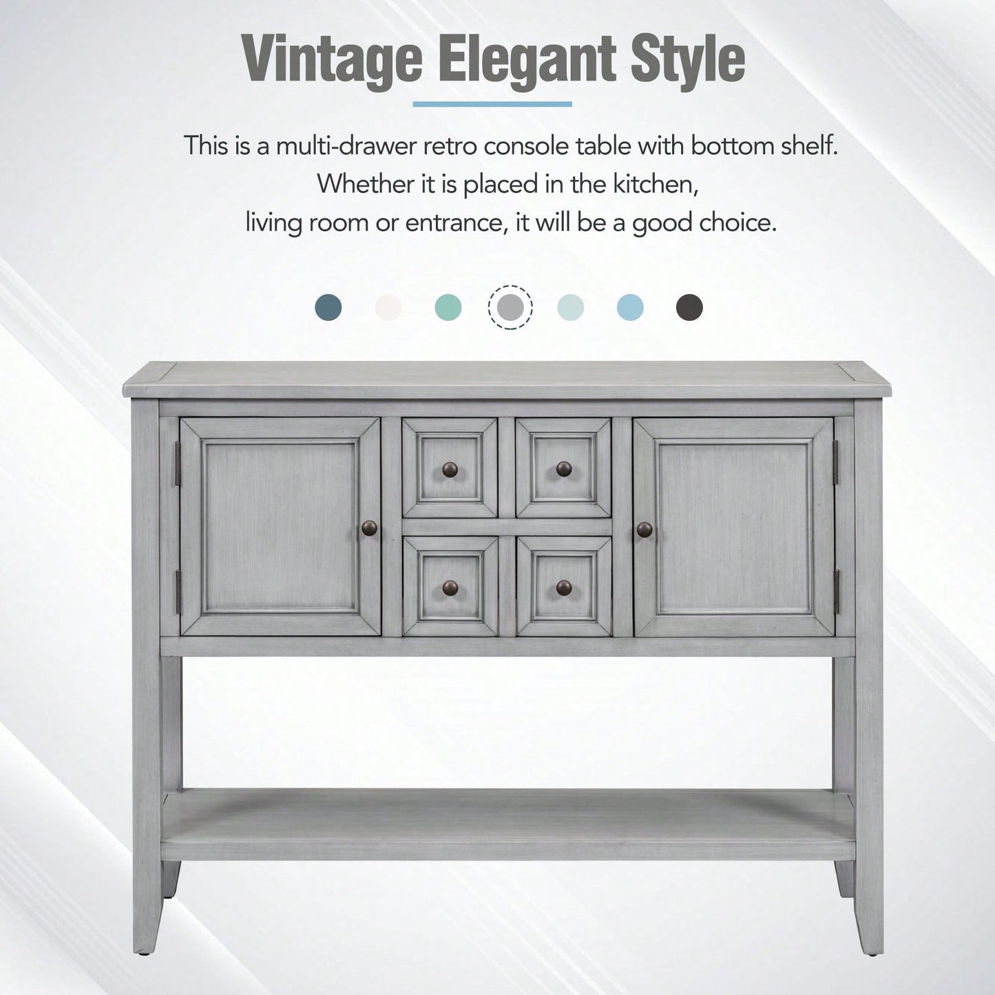 Ample Storage Vintage Console Table With Four Small Drawers And Bottom Shelf For Living Rooms, Entrances And Kitchens