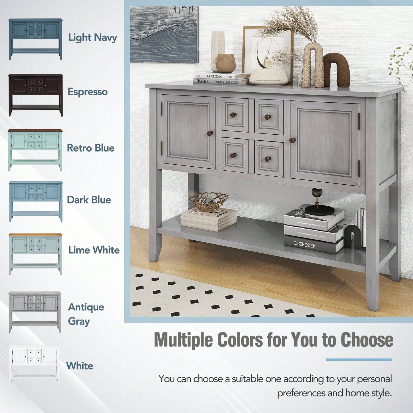 Ample Storage Vintage Console Table With Four Small Drawers And Bottom Shelf For Living Rooms, Entrances And Kitchens