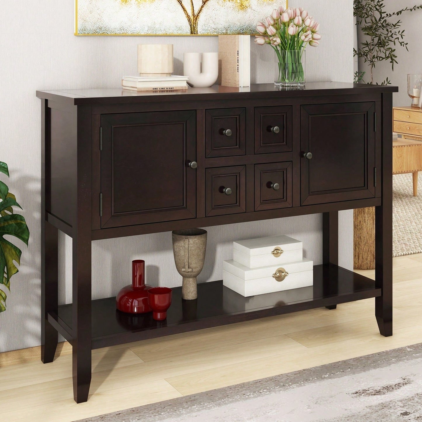 Ample Storage Vintage Console Table With Four Small Drawers And Bottom Shelf For Living Rooms, Entrances And Kitchens