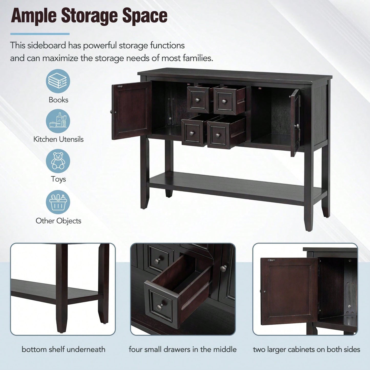 Ample Storage Vintage Console Table With Four Small Drawers And Bottom Shelf For Living Rooms, Entrances And Kitchens