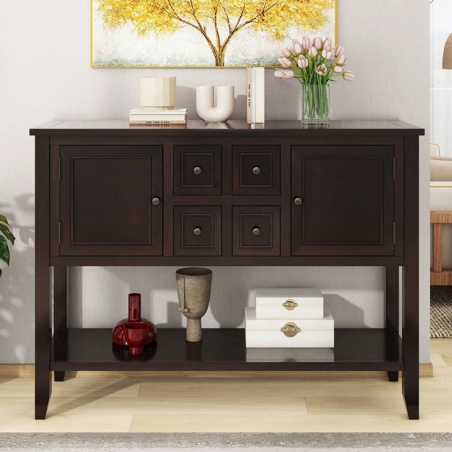 Ample Storage Vintage Console Table With Four Small Drawers And Bottom Shelf For Living Rooms, Entrances And Kitchens