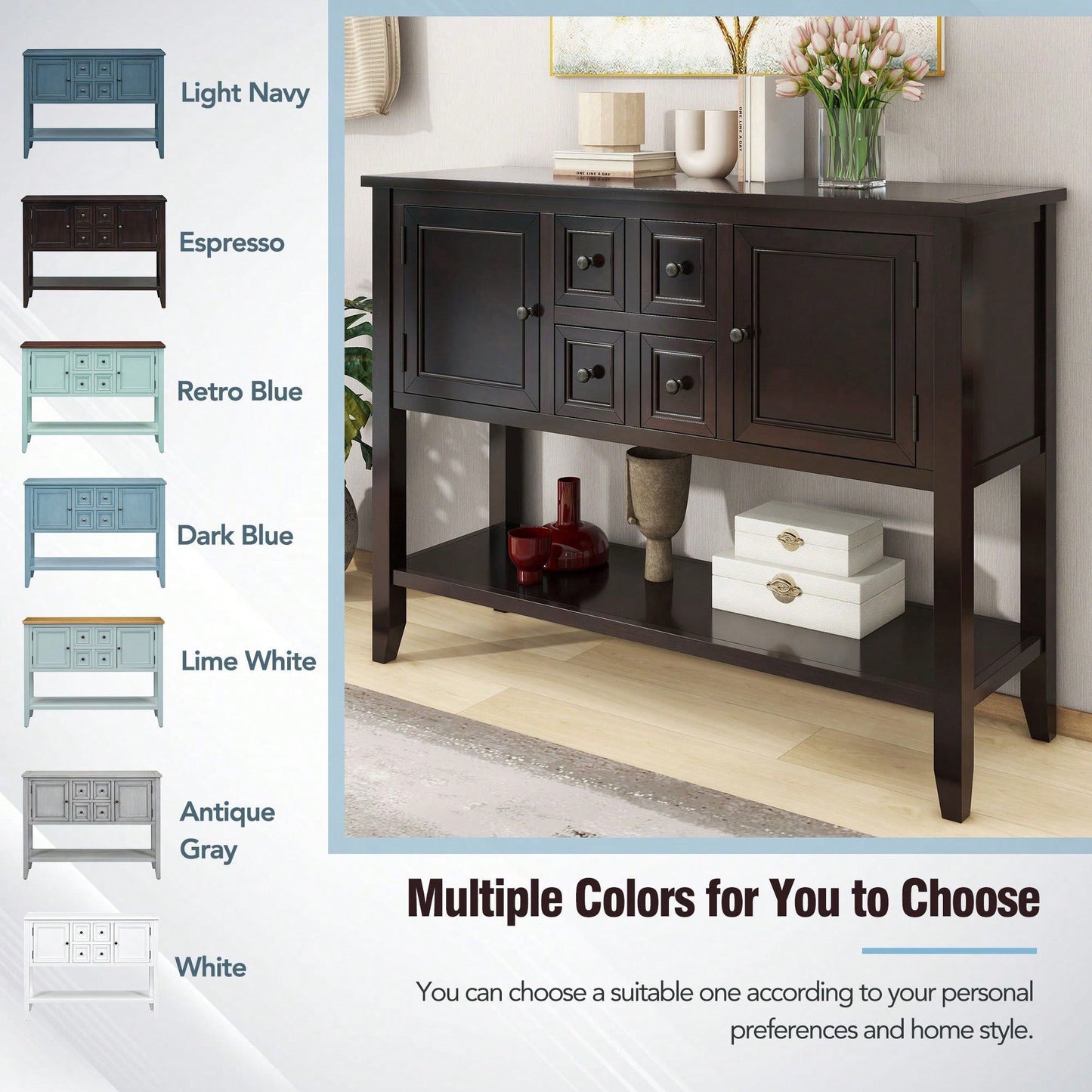 Ample Storage Vintage Console Table With Four Small Drawers And Bottom Shelf For Living Rooms, Entrances And Kitchens