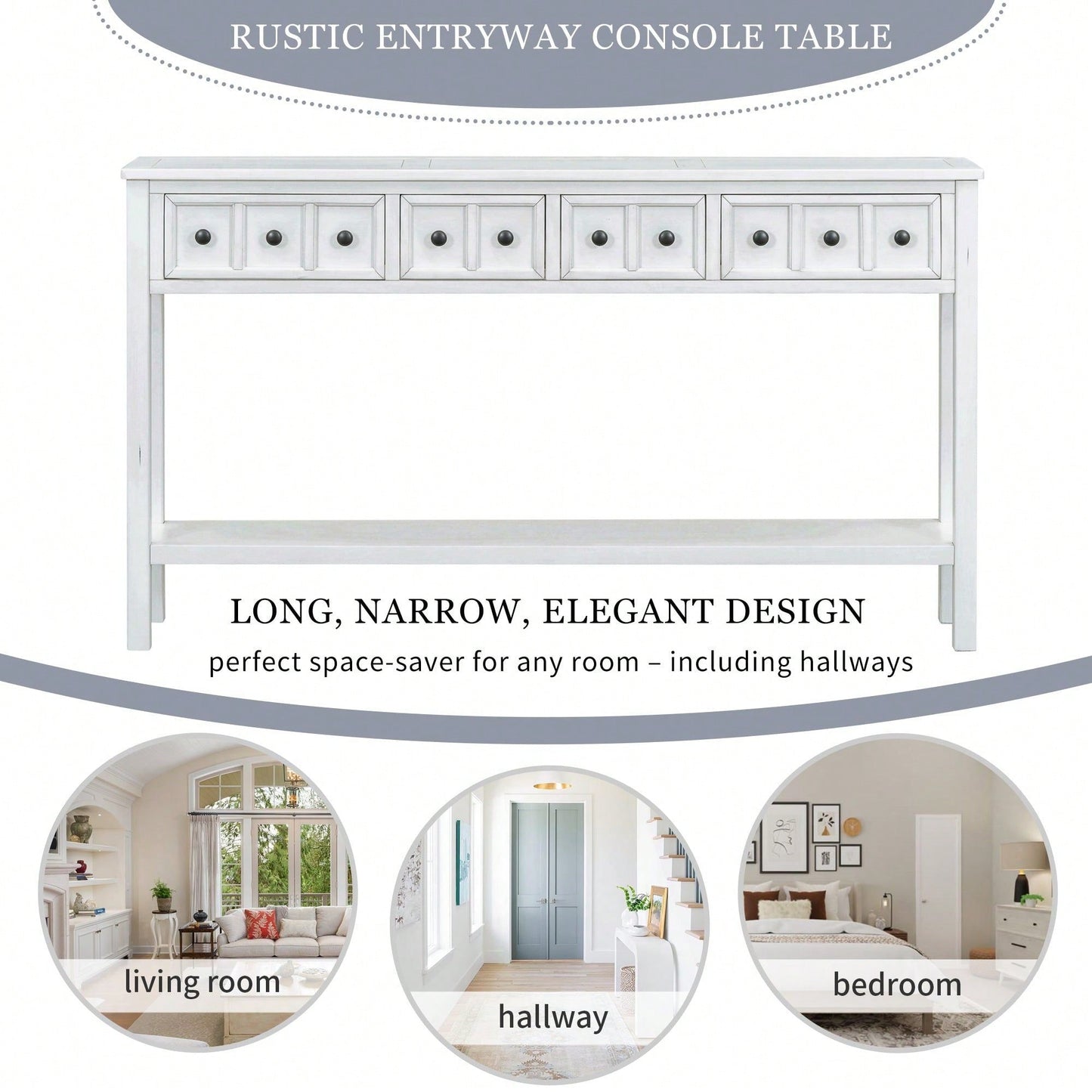 60" Long Sofa Table With Two Different Size Drawers And Bottom Shelf For Storage