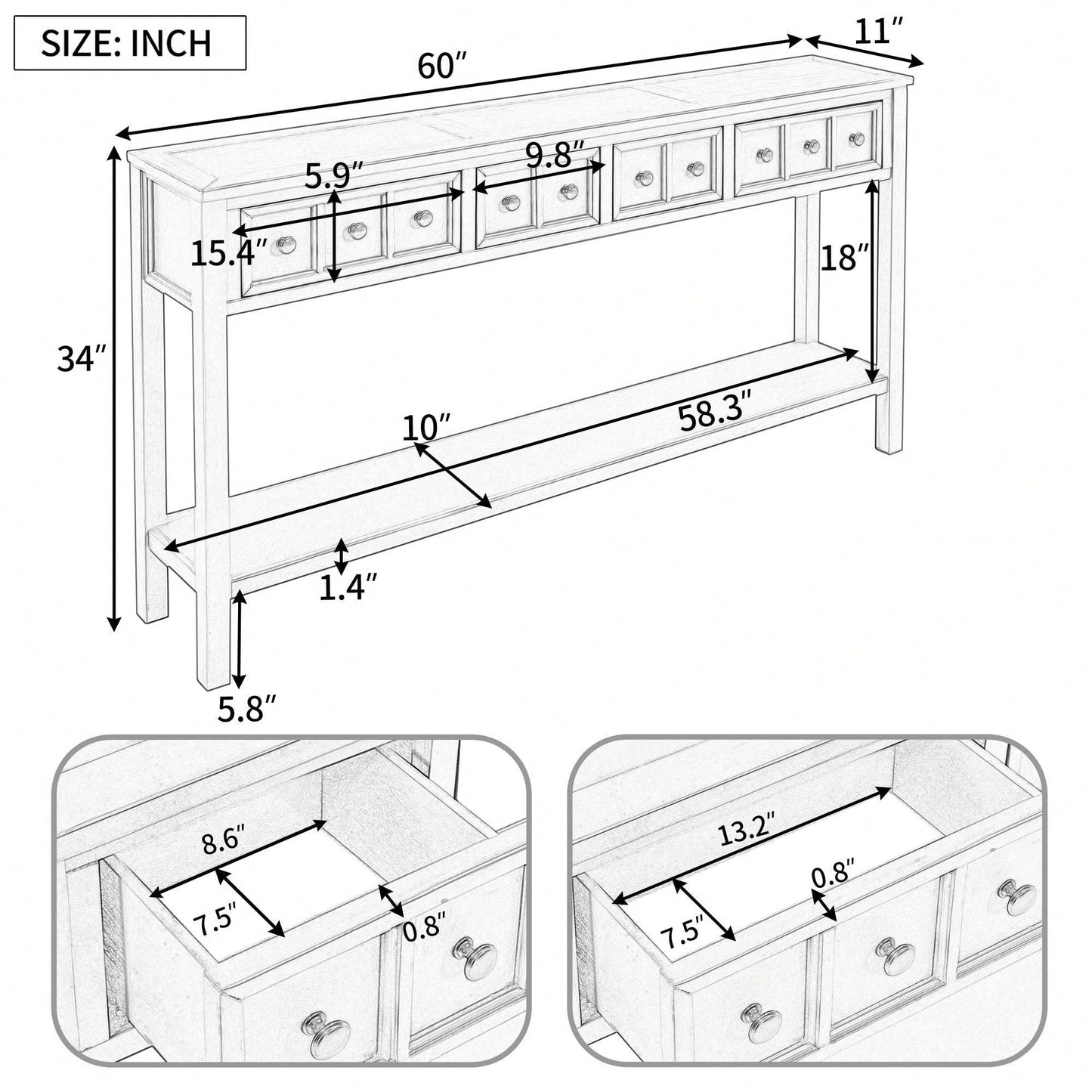 60" Long Sofa Table With Two Different Size Drawers And Bottom Shelf For Storage