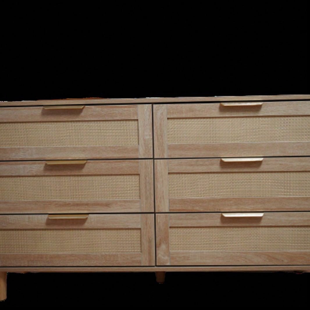 Modern 6 Drawer Rattan Dresser, Double Dresser With Gold Handles, Wood Storage Chest Of Drawers For Bedroom,Living Room,Hallway