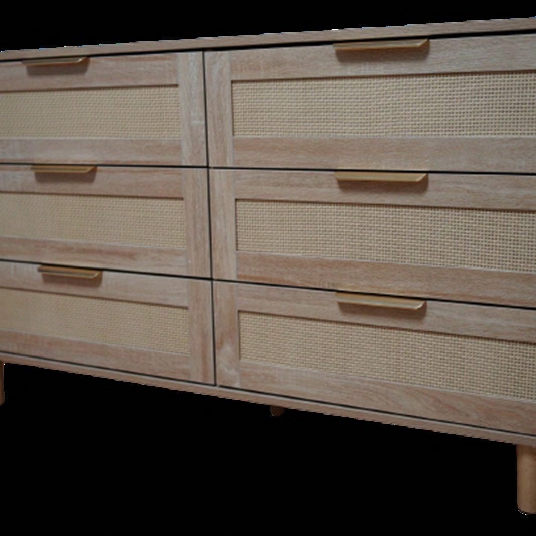 Modern 6 Drawer Rattan Dresser, Double Dresser With Gold Handles, Wood Storage Chest Of Drawers For Bedroom,Living Room,Hallway