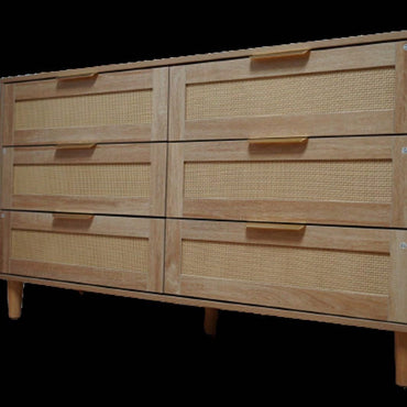 Modern 6 Drawer Rattan Dresser, Double Dresser With Gold Handles, Wood Storage Chest Of Drawers For Bedroom,Living Room,Hallway