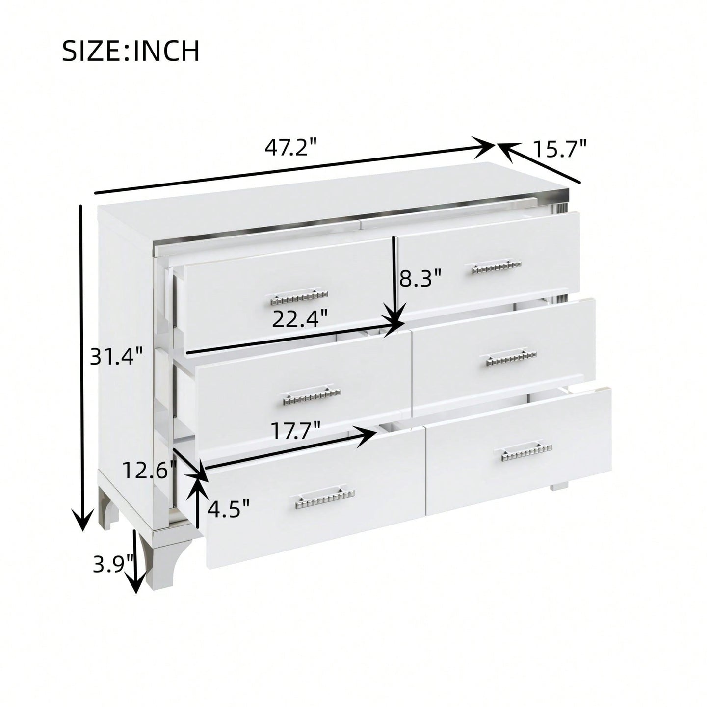 High Gloss Dresser With Metal Handle,Mirrored Storage Cabinet With 6 Drawers For Bedroom,Living Room