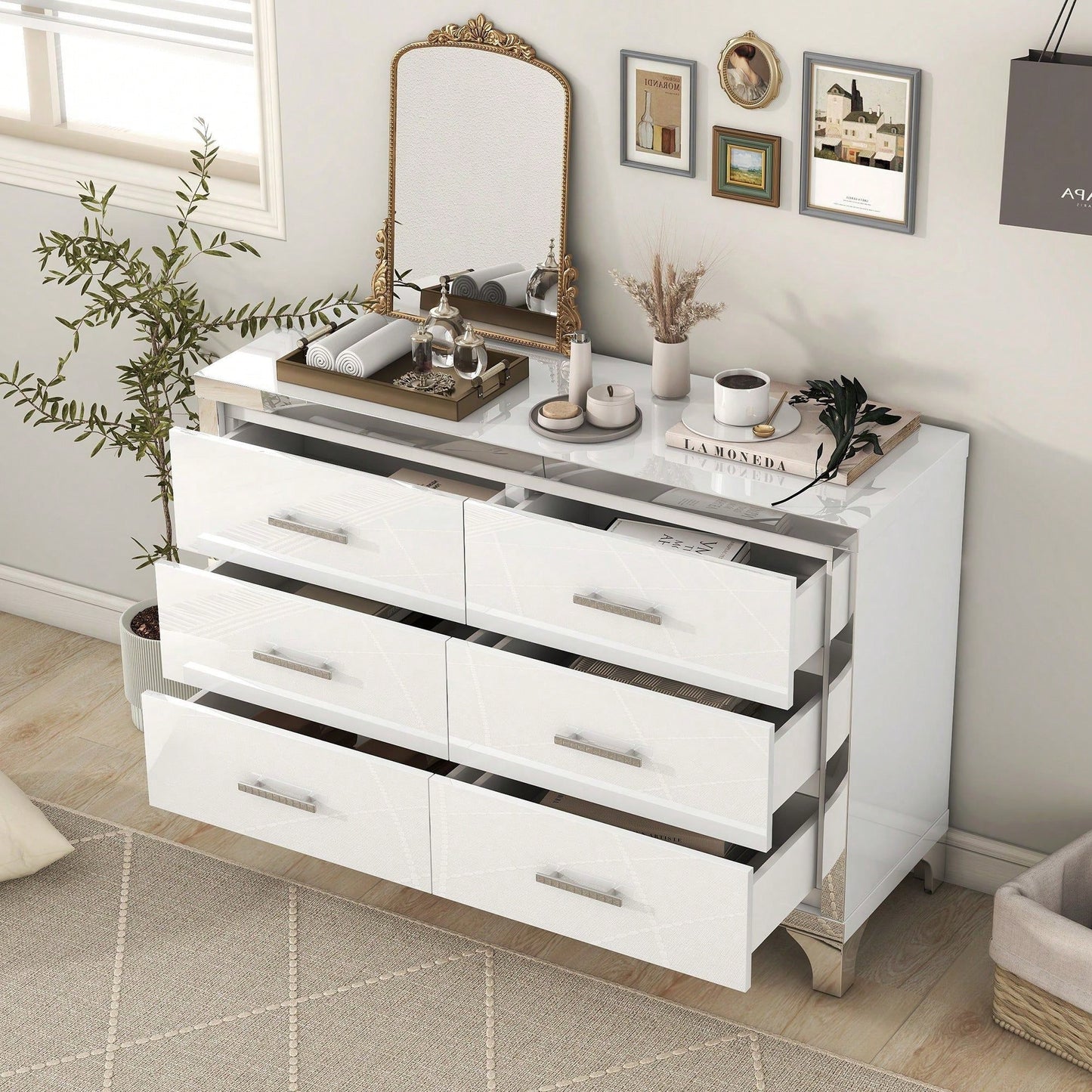 High Gloss Dresser With Metal Handle,Mirrored Storage Cabinet With 6 Drawers For Bedroom,Living Room