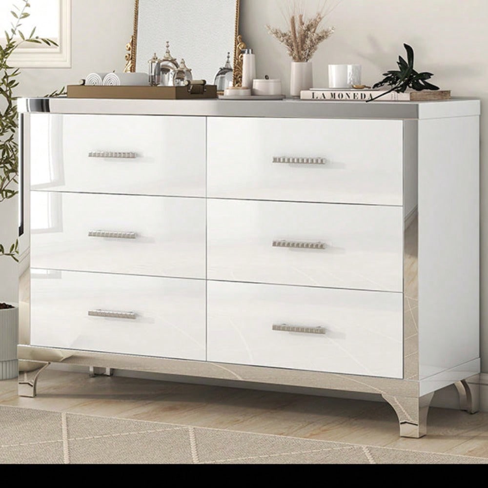 High Gloss Dresser With Metal Handle,Mirrored Storage Cabinet With 6 Drawers For Bedroom,Living Room