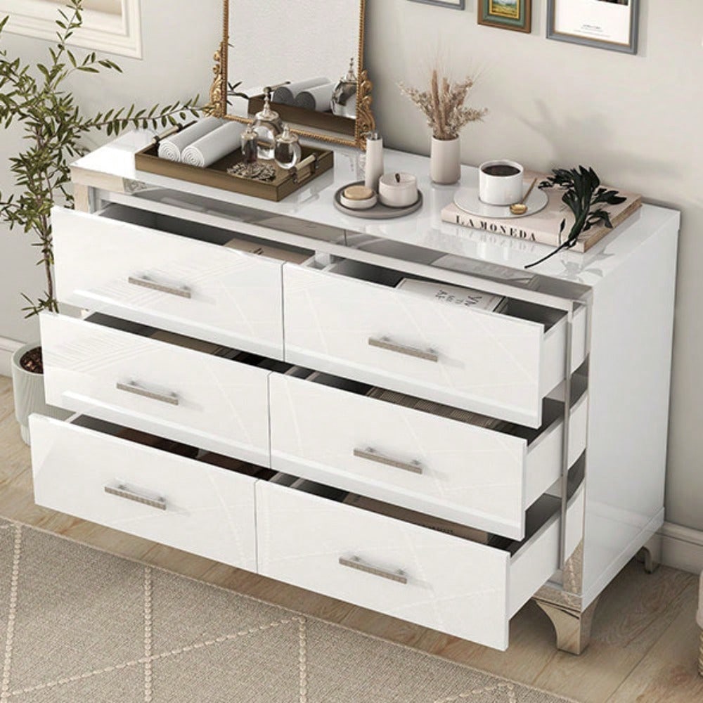 High Gloss Dresser With Metal Handle,Mirrored Storage Cabinet With 6 Drawers For Bedroom,Living Room