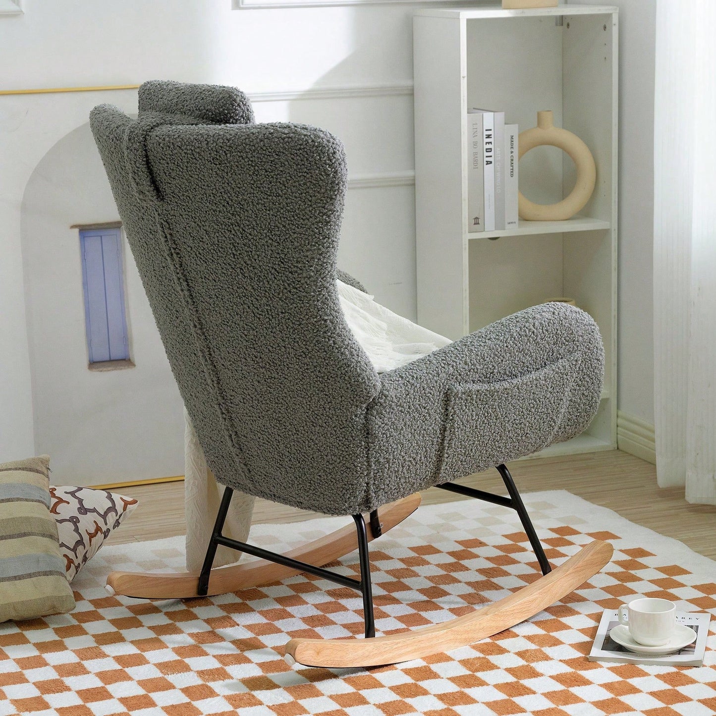 Rocking Chair - With Rubber Leg And Cashmere Fabric, Suitable For Living Room And Bedroom