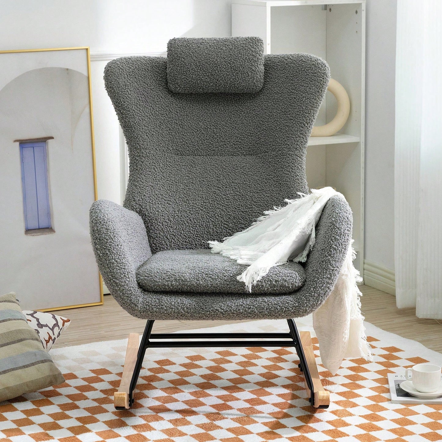 Rocking Chair - With Rubber Leg And Cashmere Fabric, Suitable For Living Room And Bedroom